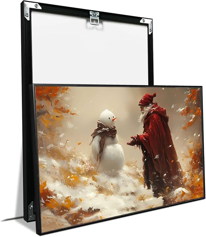 Vintage Christmas Canvas Painting Santa with Snowman Christmas Character Canvas Wall Art Holiday Winter Poster Indoor Decor for Home Offices Living Room Bedroom Dining Room Framed Ready to Hang