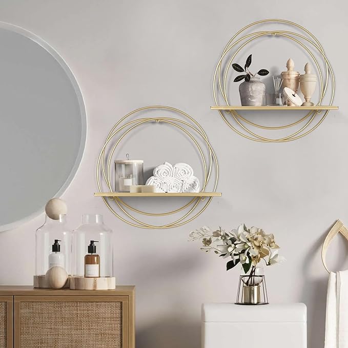 Oakrain 16" Floating Shelves Set of 2, Gold Wall Shelf with Round Metal Frame, Foldable Wooden Hanging Shelves for Storage, Living Room Decor, Bathroom, Kitchen, Bedroom, Office