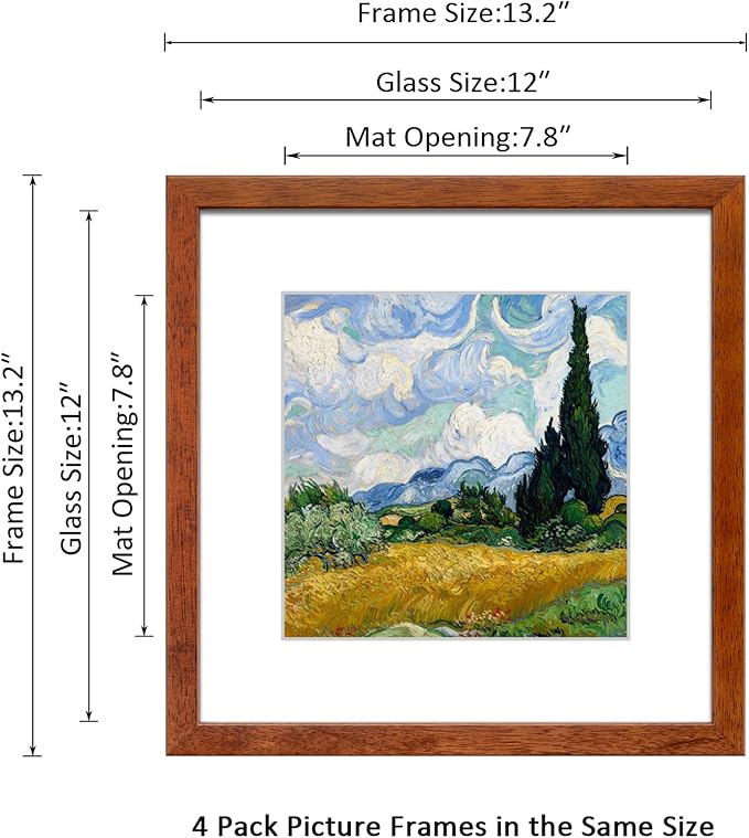 12x12 Picture Frame Set of 4 Made of Solid Wood Photo Frame with Real Glass for Pictures 8x8 with Mat or 12x12 without Mat, Wall Gallery or Tabletop display Frames, Brown