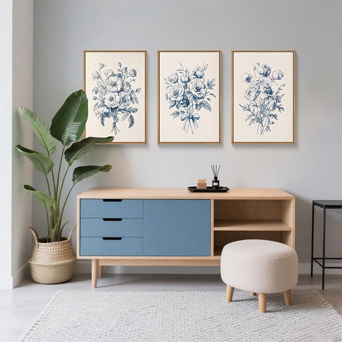 KAIRNE Blue Floral Wall Art Set of 3, Vintage Botanical Flower Framed Canvas Prints, Blue and White Chinoiserie Flower Artwork Decor for Living Room, Bedroom, Office - 24×36 inch