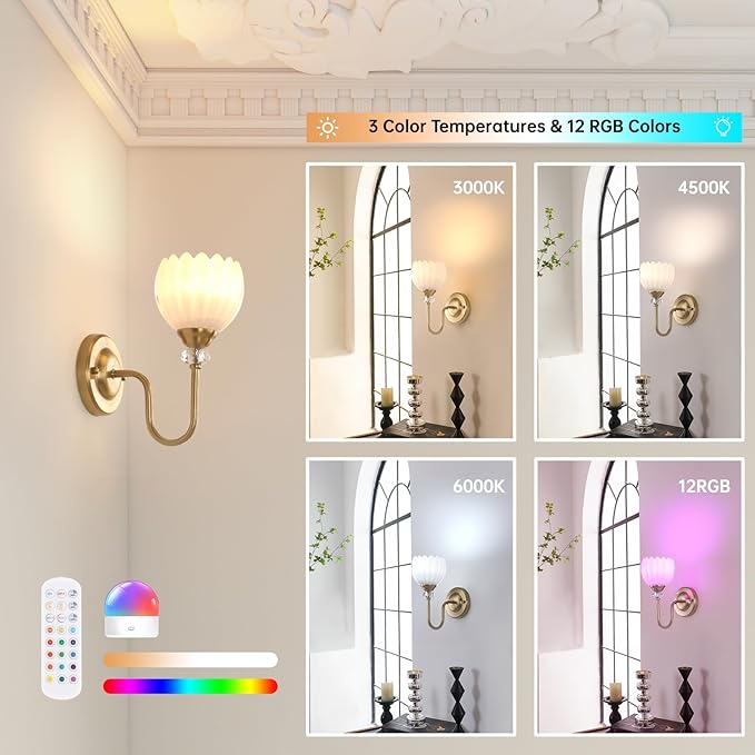 Set of 2 Vintage Battery Operated Wall Sconce, Rechargeable Wall Lamp with 5000mAh Battery & Remote Control, Dimmable Wall Lights with tulip shade for Bedroom Bathroom Living Room, (Tulip White Up)
