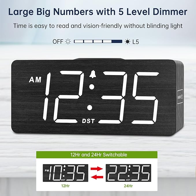 DreamSky Wooden Digital Alarm Clock with Wireless Charging for Bedroom, Bedside Nightstand Clock with Charger Station, USB Port, Large Numbers, Adjustable Volume, Brightness Dimmer, DST