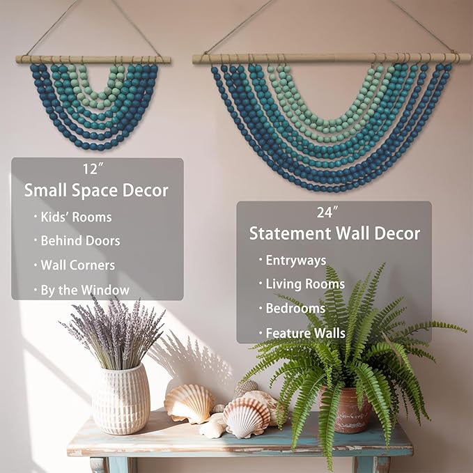 Fenisam Boho Chic Wooden Bead Garland Wall Hanging Tapestry, Natural-Inspired Home Decor for Living Room, Bedroom, Entryway, Nursery, Apartment & Dorm (Coastal Breeze Gradient, 24 Inches)