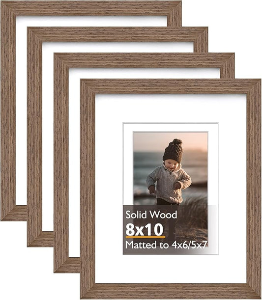 KINLINK 8x10 Picture Frame Brown Wood, Solid Wood Frames with Acrylic Plexiglass for Pictures 4x6/5x7 with Mat or 8x10 without Mat, Tabletop and Wall Display Photo Frame, Set of 4