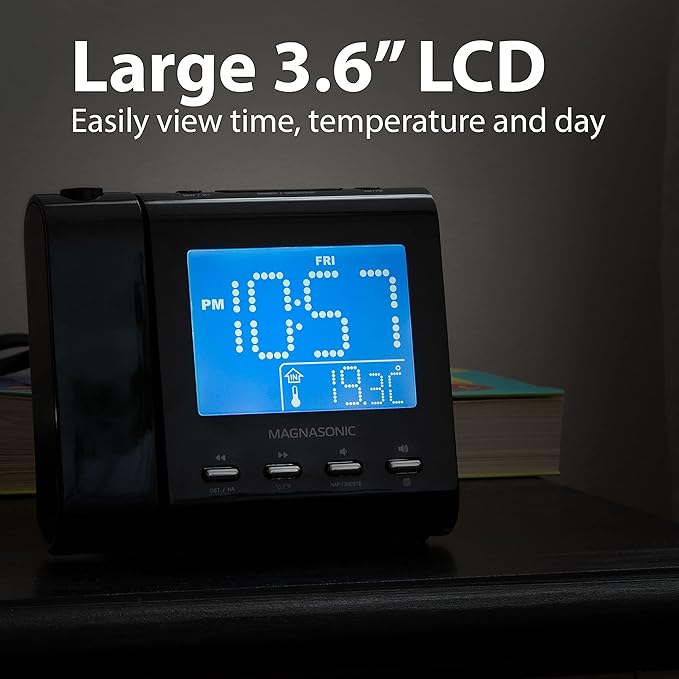 Magnasonic Projection Alarm Clock with AM/FM Radio, Battery Backup, Auto Time Set, Dual Alarm, Nap/Sleep Timer, Indoor Temperature/Date Display with Dimming & 3.5mm Audio Input - White (EAAC601W)