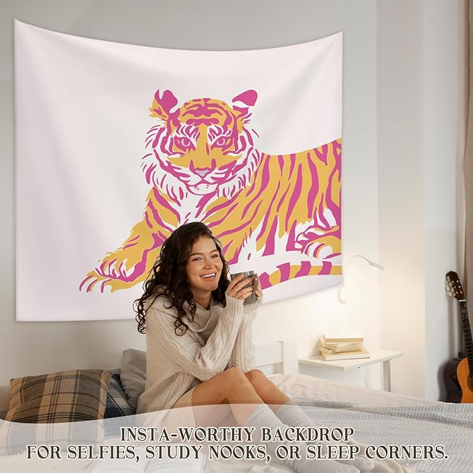 STHTTSW Pink Tiger Dorm Tapestry Aesthetic, Trendy Funky Preppy Tiger Tapestries, Pink and Orange Room Decor, Cute Girly Wall Hanging Decor for Teen Girl Women College Bedroom, 50x60 Inch