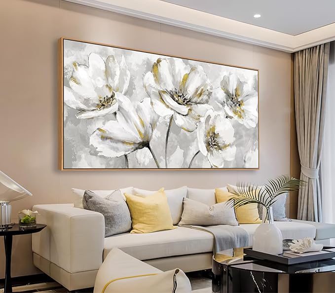 arteWOODS Flowers Framed Wall Art - Gray White Flowers with Yellow Accents Canvas Pictures Wall Decor Botanical Painting Artwork Elegant Floral Prints Living Room Bedroom 58 x 29in Natural Wood Frame