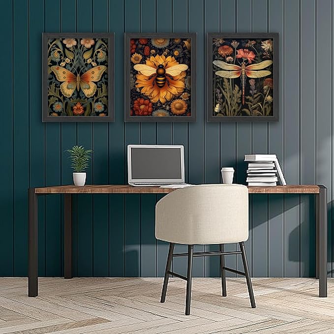 3 PCS William Morris Canvas Wall Art for Home Decor Bee Dragonfly Butterfly Painting Poster William Morris Botanical Insects Pictures Prints Wall Decor for Living Room Bedroom Home Decorations 16×24 in(Poster No Frame)