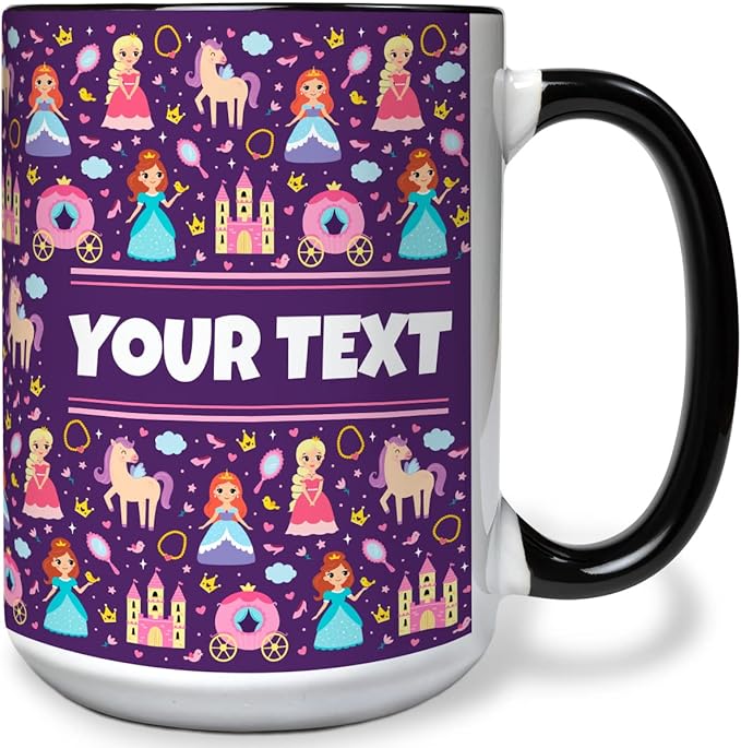 Personalized Mug for Kids - Princesses - Custom Name/Text, Ceramic Hot Chocolate/Cocoa/Coffee Cup for Girls, Birthday/Christmas/Holiday Gift - 15 oz, Navy Blue Handle