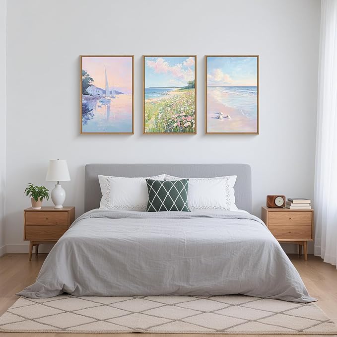 Pink Pastel Coastal Colorful Wildflower Framed Canvas Wall Art Set,Watercolor Preppy Floral & Sailboat Seascape Decor,Dreamy Textured Beach Artwork for Living Room,Bedroom,Farmhouse- 24"x36"x3