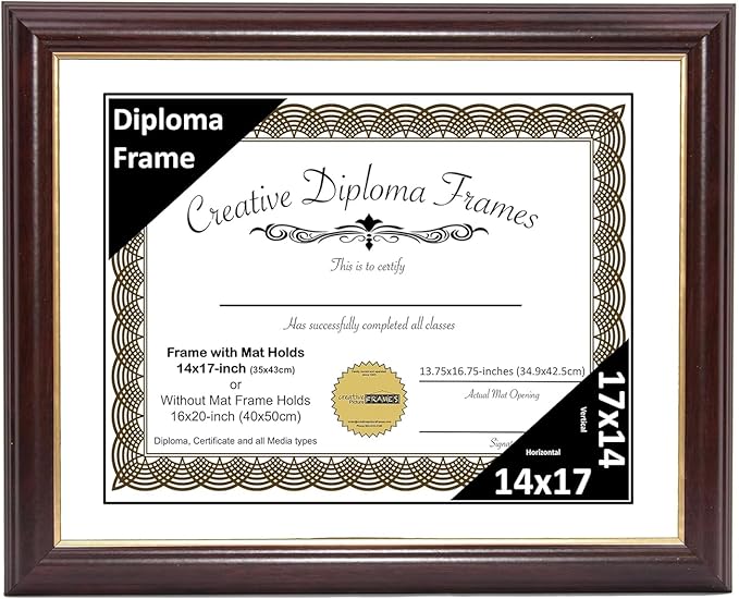 Creative Picture Frames 14x17 Mahogany Gold Rim Diploma Frame with White Mat Glass and Installed Wall Hangers | Frame Holds 16x20 Media without Mat