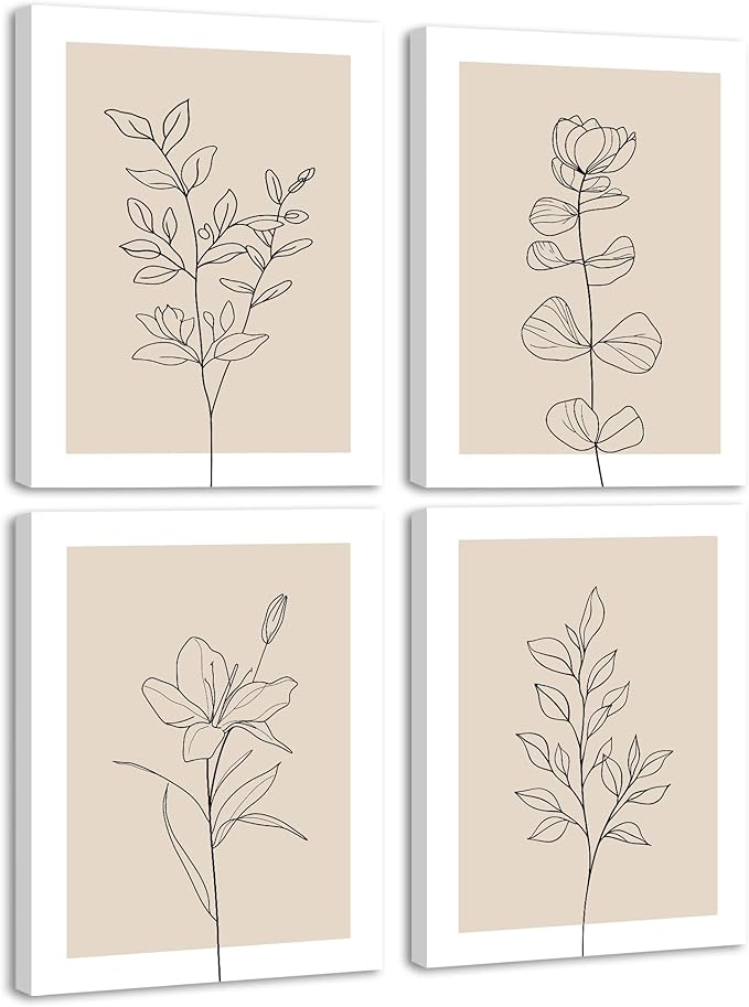 Drsoum Botanical Boho Framed Wall Art Wooded Minimalist Aesthetic Flower Prints Farmhouse Retro Plants Rustic Bathroom Kitchen Home Decor Ready to Hang 8x10inx4pcs (Framed)