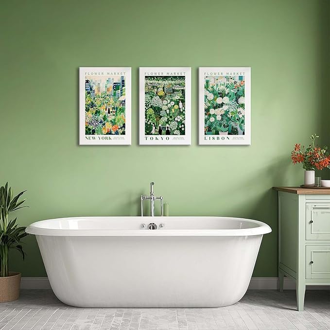XLARTMY Flower Market Wall Art Prints Canvas Green Yellow White Floral Paintings Colorful Botanical Travel Flower Posters for Home Decor Pictures Set of 3 for Living Room Bedroom 16x24in