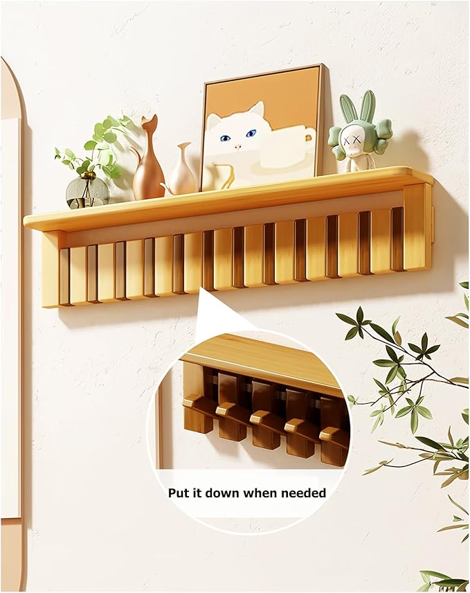 Wall Mounted Coat RackHooks Piano Key Hangers Natural Solid Wood Hanger Non-Woven Fabric Clothes Hangers for Closet, Kitchen, Bedroom, Bathroom, Entryway (Tray-Beech, 6 Hooks)
