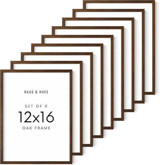 HAUS AND HUES Walnut Wood 12x16 Picture Frames - Set of 9, Natural Frames with Plexiglass and Hangers (Walnut Oak Frame)