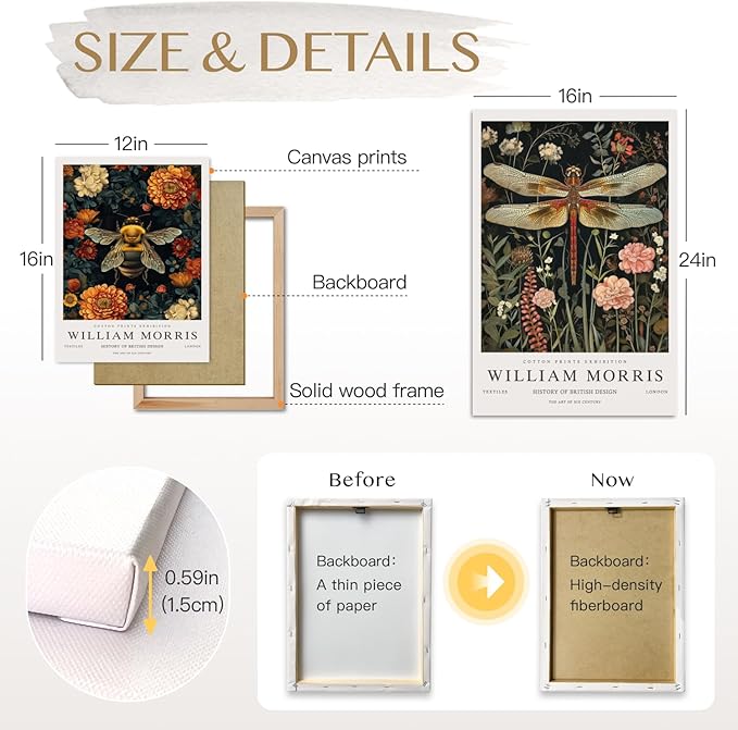 Hianan William Morris Animal Botanical Inspired Canvas Wall Art, Vintage Dragonfly Bee Butterfly Poster Prints, Maximalist Nature Flower Aesthetic Pictures for Living Room Bedroom Framed 12"x16"x3