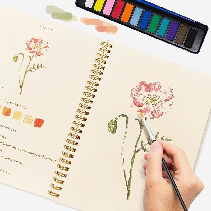 Beginner Watercolor Painting Kit – 12 Colors Paint Set with Brush, Animal-Themed Art Supplies for Adults & Teens (Flower)