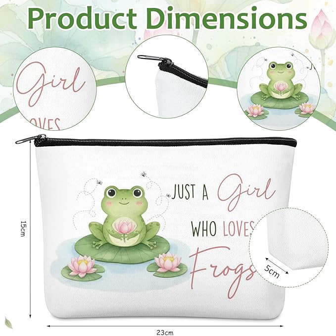 Ceenna 5 Pcs Frog Gifts for Women, Just a Girl Who Loves Frogs Cosmetic Makeup Bag, Canvas Bag, A6 Spiral Notebook Lined Journal, Writing Gel Ink Pen and Funny Keychain for Girl Animal Lovers Gift