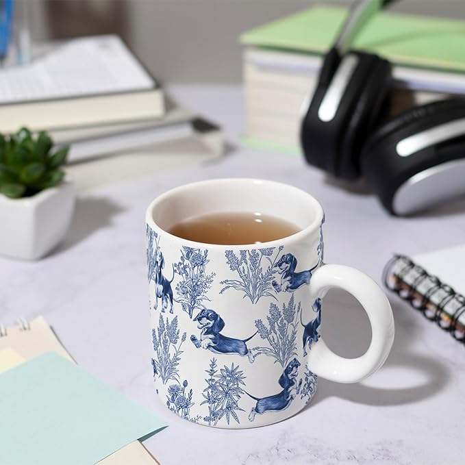 Dachshund Blue French Toile Coffee Mug, Dachshund Lover Gifts for Women, Blue Toile Coffee Cup for Weiner Mom, Dog Lovers Tea Coffee Mug Birthday Gifts for Sausage Dog Owners, 15 oz