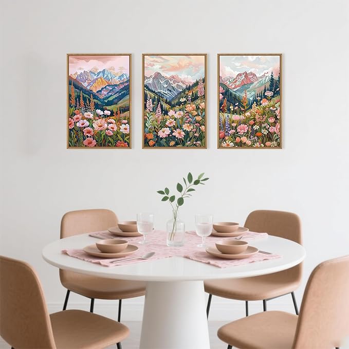 Boho Vibrant Mountain Wildflower Framed Canvas Wall Art Set,Colorful Natural Flower Forest Wall Decor,Modern Pink Floral Botanical Landscape Artwork for Living Room,Office,Farmhouse- 16"x24"x3