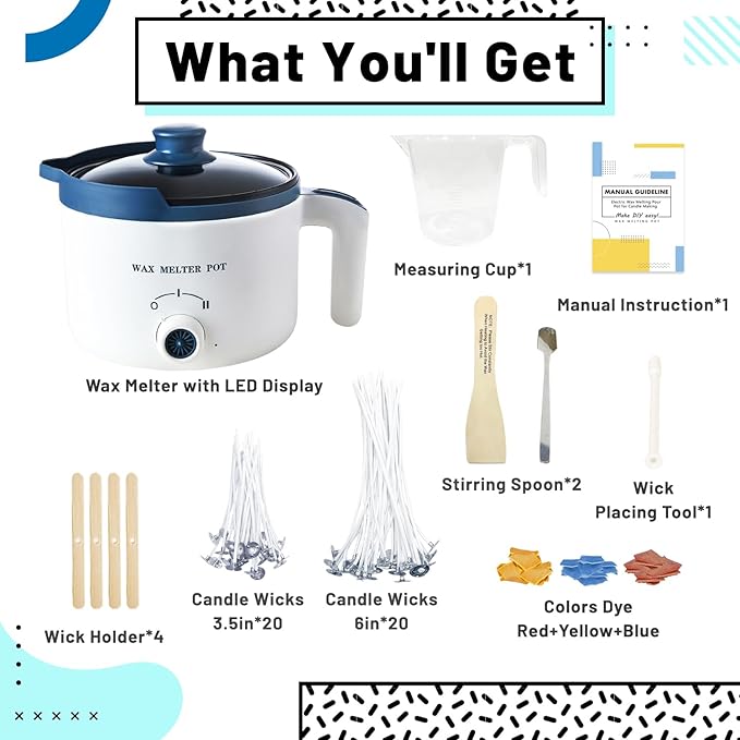 Ksedcon Wax Melting Pot for Candle Making, Electric Wax Melter with Pour Spout,Candle Making Supplies Includes Pouring Pot, Colors Dyes, Wicks, Thermometer