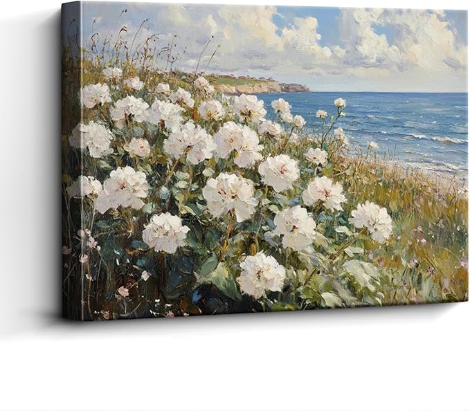 Vintage Coastal Wall Art – 15x12 Inch White Flowers by the Sea Print – Seaside Cottagecore Landscape Poster – Frameless Laminated Paper with Hanging & Tabletop Display