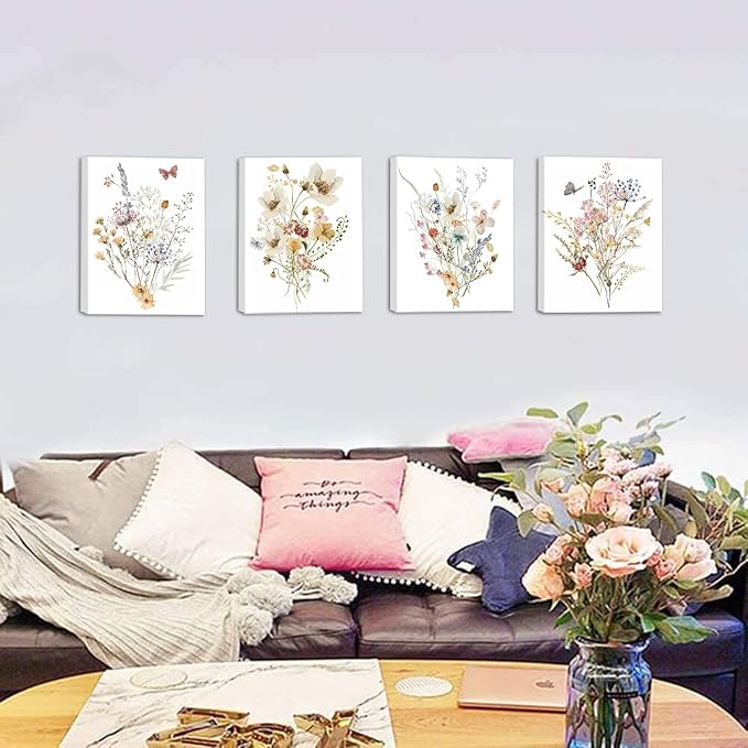 Wildflower Canvas Wall Art,Watercolor Flower Wall Art Poster, Colorfull Minimalist Floral Picture Printing,Farmhouse Living Room Bedroom Office Decoration (8”X 10”Framed)