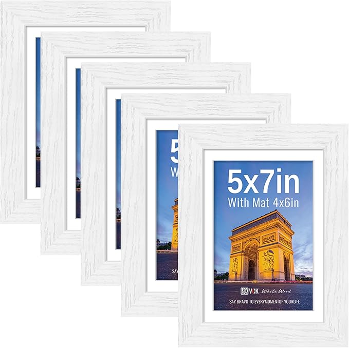VCK 5x7 Picture Frames White Set of 5, Wide Border Wood, Tempered Glass, Display 4x6 Photo with Mat or 5 x 7 without,for Home, Office, Gallery, Woodgrain Series, Tabletop & Wall Hanging