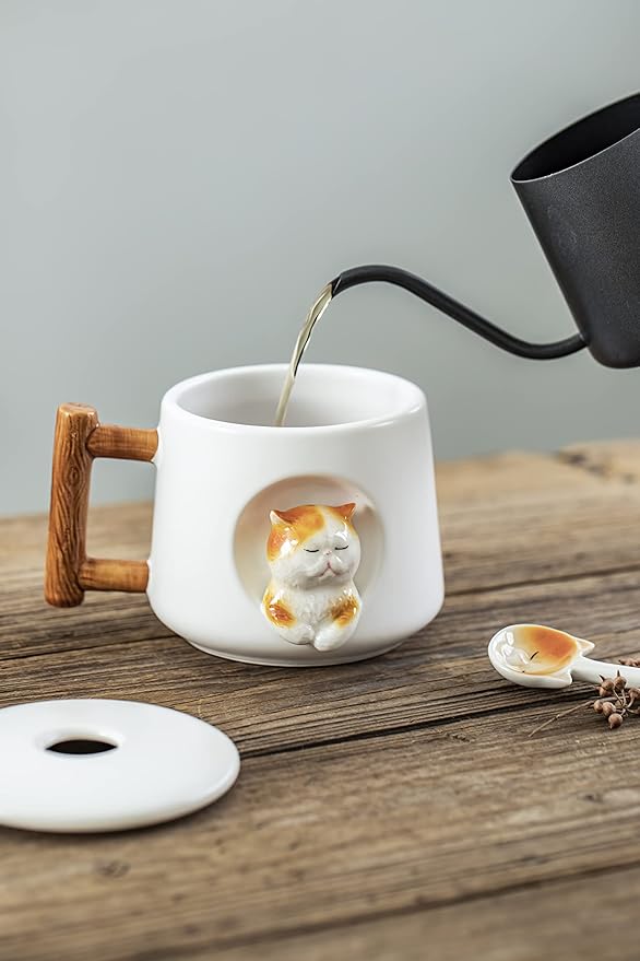 DIHOclub Ceramic Coffee Mug with Lid and Matching Spoon,Novelty 3D Cat Pattern Mug for Tea Milk Chocolate Juice,Cute Cup for Dog Lovers,Perfect Gifts-14 Ounces(white)