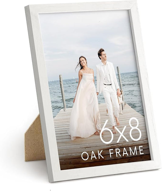 HAUS AND HUES White Oak Wood 6x8 Picture Frame - Premium Oak Frame with Plexiglass, Vertical Hang (White, 6x8 in)