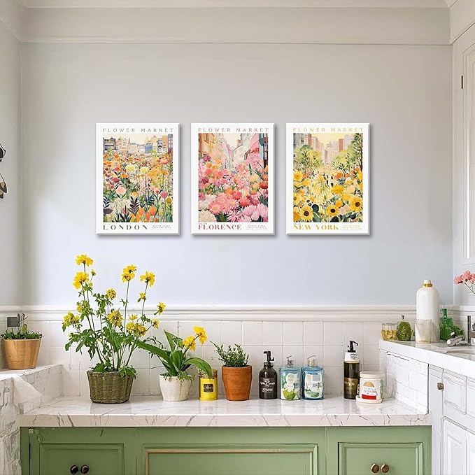 XLARTMY Flower Market Wall Art Print Canvas Framed Yellow Pink Floral Paintings Colorful Botanical Sunflower Artwork Travel Poster for Decor Picture 3 pieces for Living Room Bedroom Bathroom 12x16in