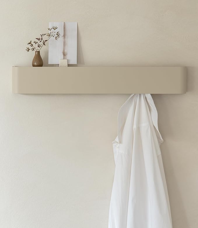 Kazai.®️ Coat Rack Wall Mount with Shelf 'Tone' | Modern Design Coat Hanger with Hidden Hooks and Storage | Hat Rack with Shelf in Metal | Wall-Mounted Purse Organizer | Taupe