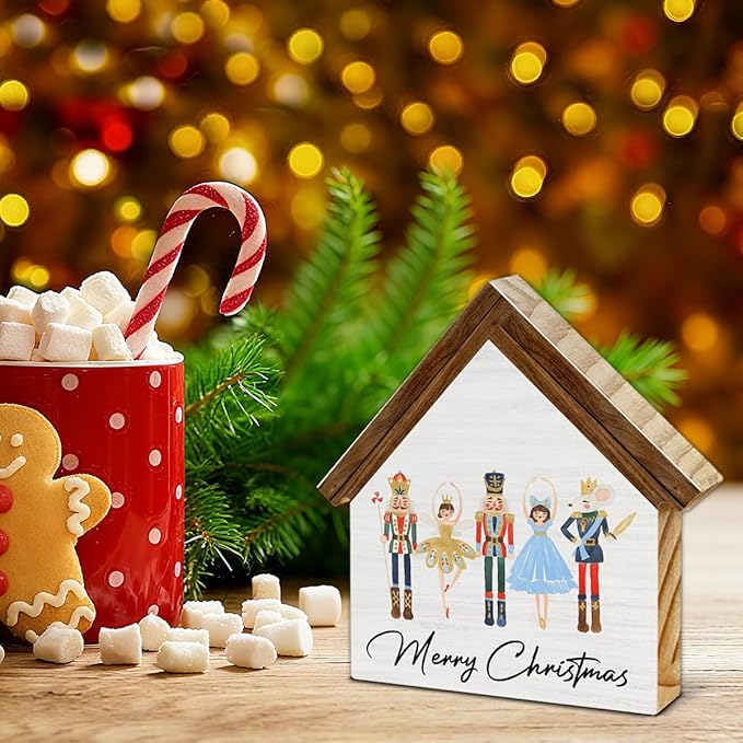 Nutcracker Christmas Decor, Merry Christmas House Shaped Wooden Sign, Nutcracker Decorations for Home Office Desk Table Shelf