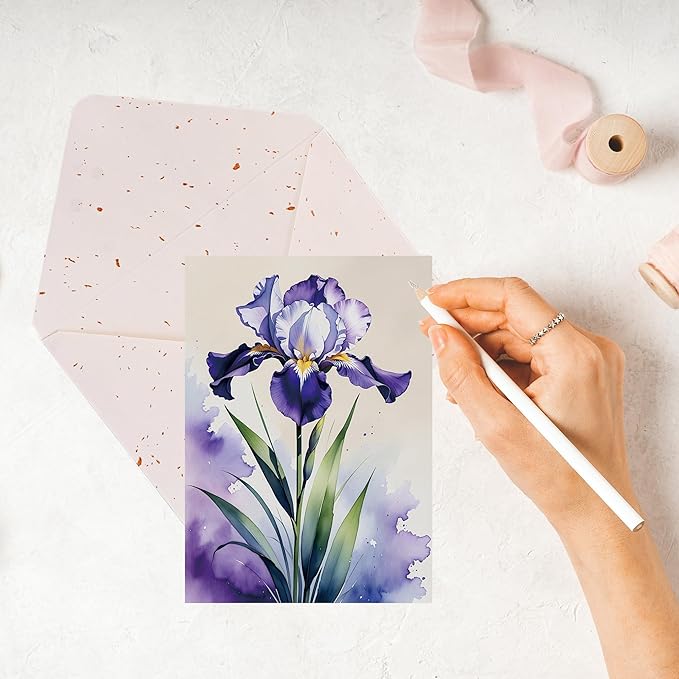 Blank Inside Greeting Card with Envelope for All Occasions, 5x7 Inch Elegant Watercolor Iris Card – Birthday, Sympathy, Thank You - Single Card