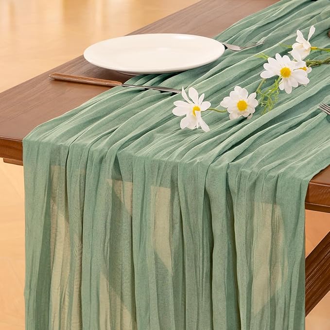 Socomi Sage Green Cheesecloth Table Runner Valentine's Day Boho Rustic Farmhouse Gauze 120 inch 10FT Cheese Cloth Runner for Wedding Party Baby Shower Birthday Home Decor Holiday Decorations