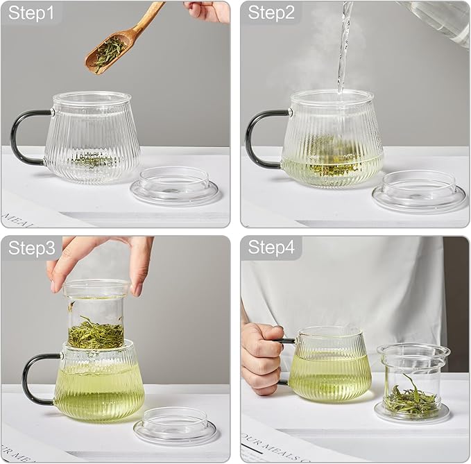 Lezero Tea Infuser Cup with Filter and Lids, Borosilicate Glass Mugs with Strainer for Blooming & Loose Leaf, Lead-free, Microwave & Dishwasher Safe, 14oz