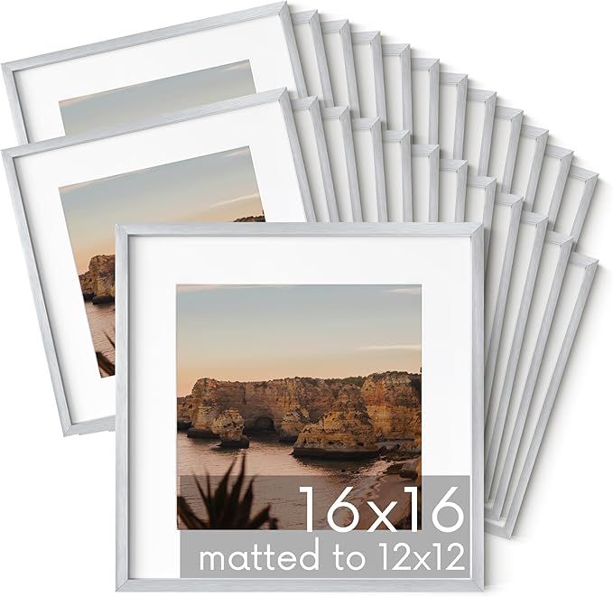 HAUS AND HUES 16x16 Silver Metal Picture Frames Matted to 12x12 - Features Premium Aluminum & Hanging Hardware, Shatterproof Plexiglass - Ideal for Home, Room, Office (16x16 in, Silver, Set of 25)