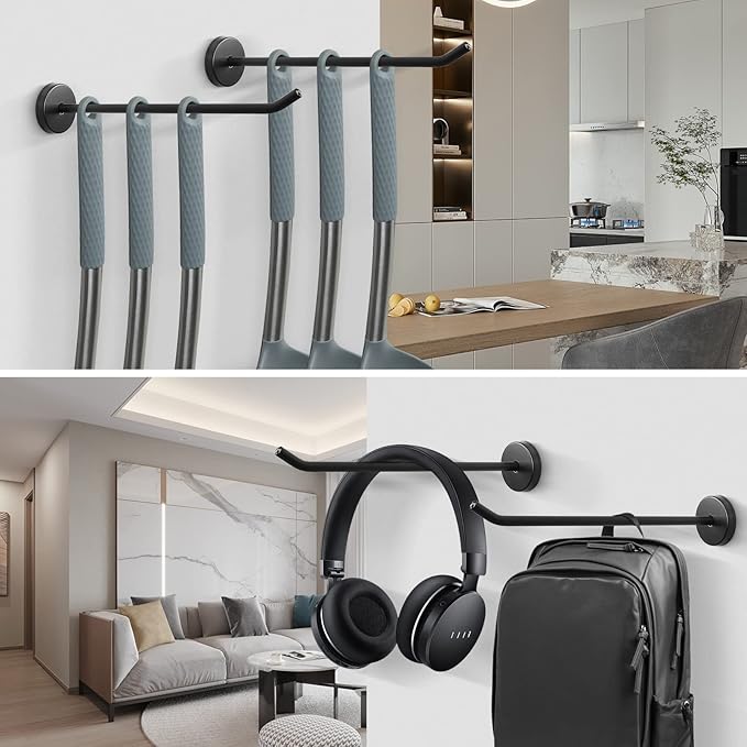 NearMoon Coat Hooks, Wall Mount Hooks for Hanging Hat Hurse Robe, 304 Stainless Steel Heavy Duty Towel Hangers for Bathroom Livingroom Hotel Kitchen Garage, 6 Pack (8 Inch, Matte Black)