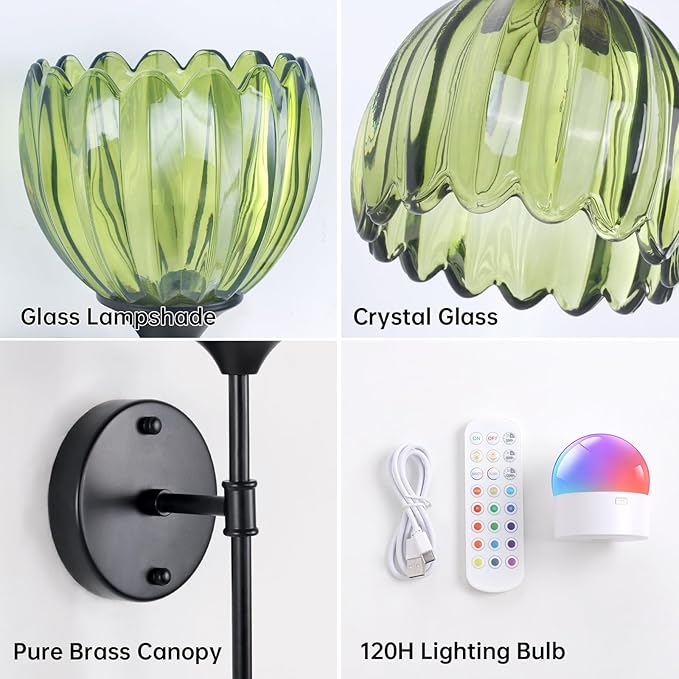 Battery Operated Wall Sconce Set of 2, Green Tulip Vintage Wall Light Fixture Rechargeable 5000mAh Battery Powered Wall Lamp with Remote for Living Room Bathroom, Black