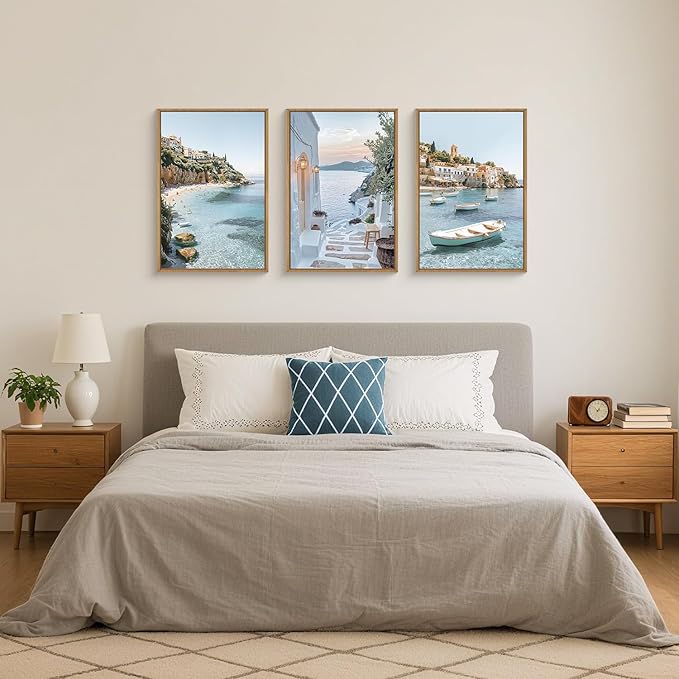 Natural Coastal Ocean Framed Canvas Wall Art Set,Modern Whitewashed Architecture Scenery Wall Decor, Mediterranean Beach Boat Landscape Artwork for Living Room, Bedroom,Farmhouse- 16"x24"x3