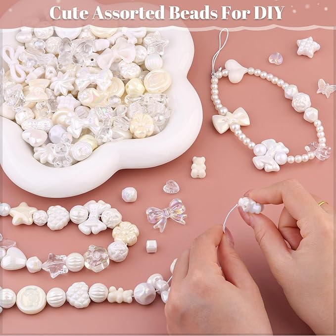 200-260PCS TINKRSTUFF Assorted Acrylic Beads White Cute Beads for Bracelet Making, Bow Flower Butterfly GummyBear Kawaii Charms, Aesthetic Bead for Necklace Keychain Jewelry Making DIY Phone Charm
