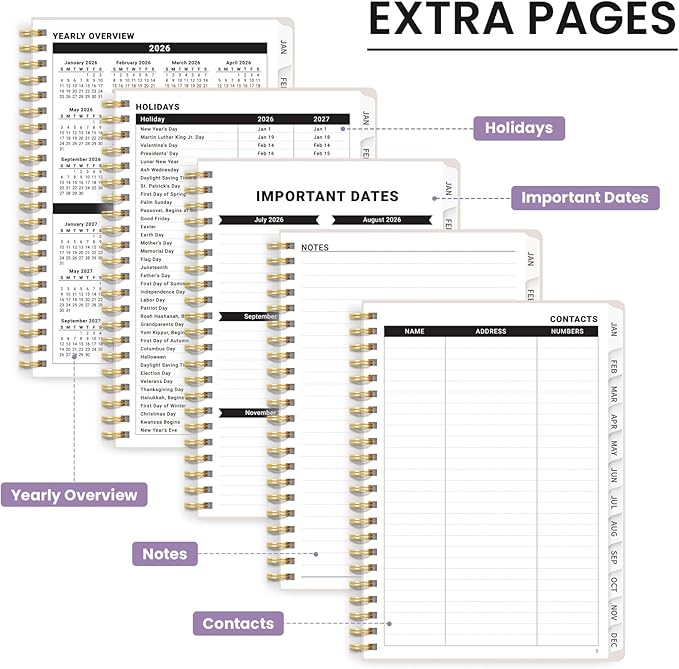 2026 Planner, Monthly and Weekly Calendar Planner for Women, Jan 2026 - Dec 2026, Hardcover Pretty 2026 Agenda Planner Book with Tabs, Spiral Bound, Perfect for School Office Home Supplies, 6.3" x 8.5" - Color Column