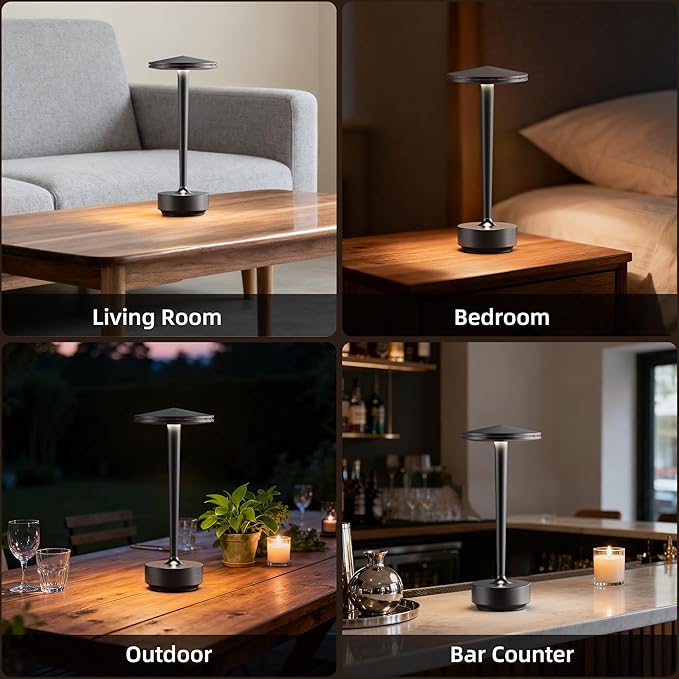 Rechargeable Cordless Table Lamp, LED Portable Powered LED Battery Light 6000mAh USB Desk Lamp, for Restaurants Outdoor (Black)