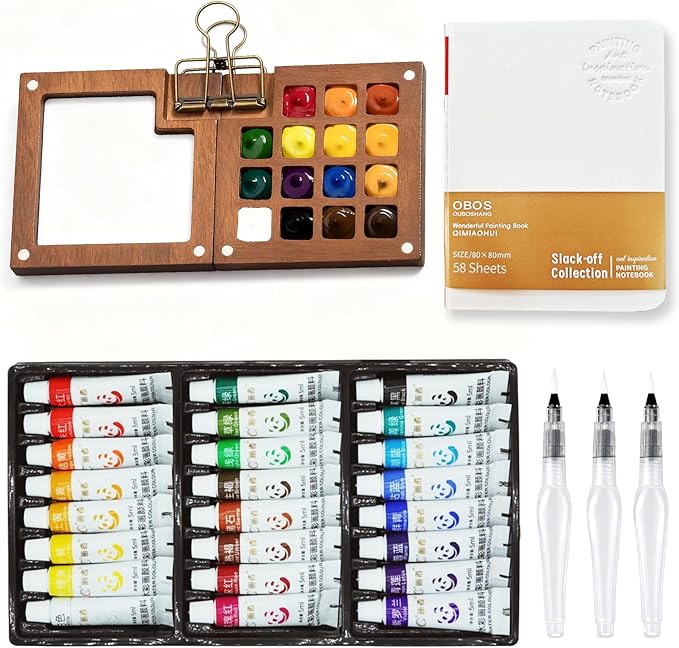 Mini Watercolor Paint Set Portable, Travel Grid Paint Palette Box with Binder Clips Include Paint, Brush*3 and Picture Album Art Materials Coloring Markers (Brown Wood-L)