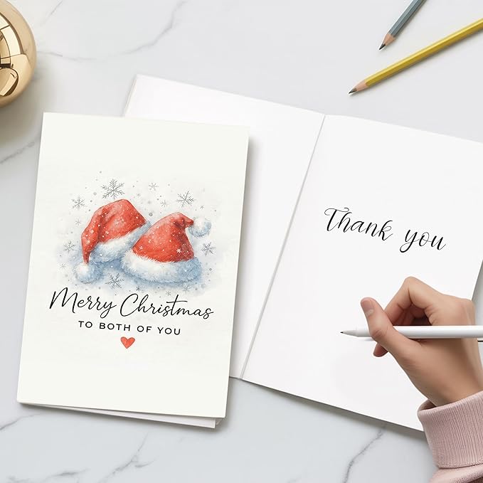 (5.3x8in) Merry Christmas to Both of You Card, Elegant Watercolor Santa Hats Design with Snowflakes Heart, Romantic Greeting Card for Couples, Friends Family, Festive Card with Envelope (Xmas 43)
