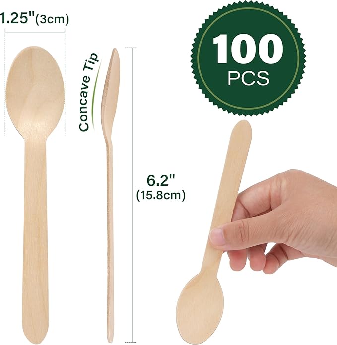 LotFancy Disposable Wooden Spoons, 100Pcs 6.25 inch Wood Cutlery Spoon, Biodegradable Compostable Eco-friendly Birchwood Sampling Tasting