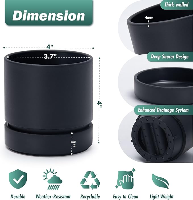Phoenix Vine 4 Inch Planter Pot with Drainage Hole & Saucer, Deep Water Catch Tray, Straight Cylindrical Round Pot for Plants, Matte Black, Pack of 4, 23-C-R-4