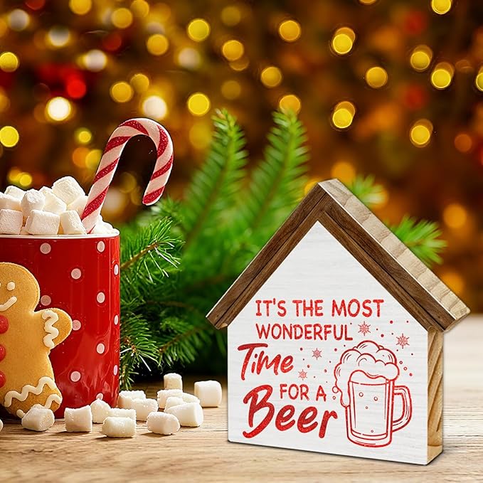 Christmas Bar Sign Decor, It's the Most Wonderful Time for a Beer House Shaped Wood Sign, Kitchen Home Bar Christmas Decorations