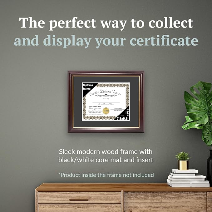 Creative Picture Frames 7.5x9.5 Mahogany Gold Rim Diploma Frame with Black Mat Glass Easel and Installed Wall Hangers | Frame Holds 10x12 Media without Mat