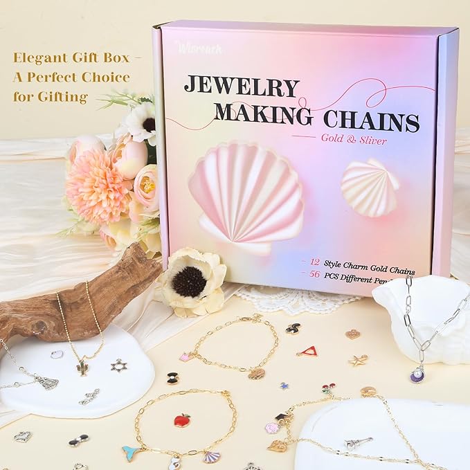 Wisreach 18K Gold & Silver Necklace Chain for Jewelry Making, 60 Feet 12 Rolls DIY Jewelry Chains, with Jump Rings, Clasps, Connectors, 52 Letter Pendants, 50 Mixed Color Pendants & Pliers